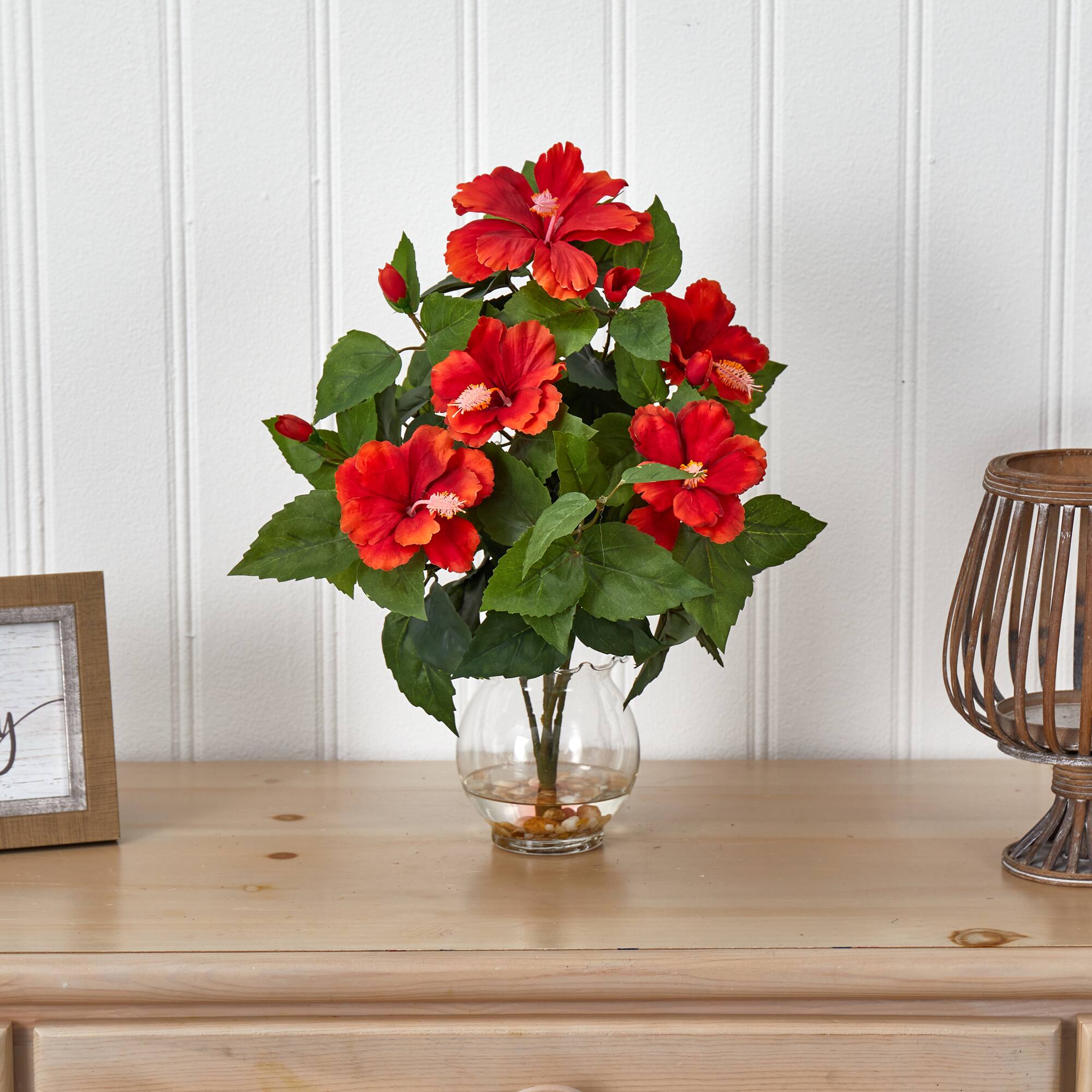 17" Red Hibiscus Silk Flower Arrangement in Fluted Vase